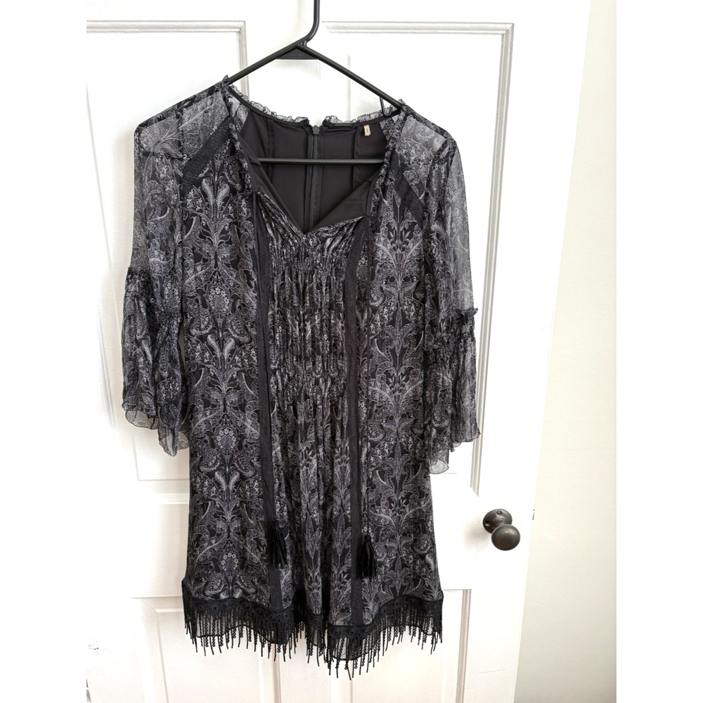 100% Silk Black Lace Dress With Fringe Elie Tahari Size 8‎ Gothic Paisley